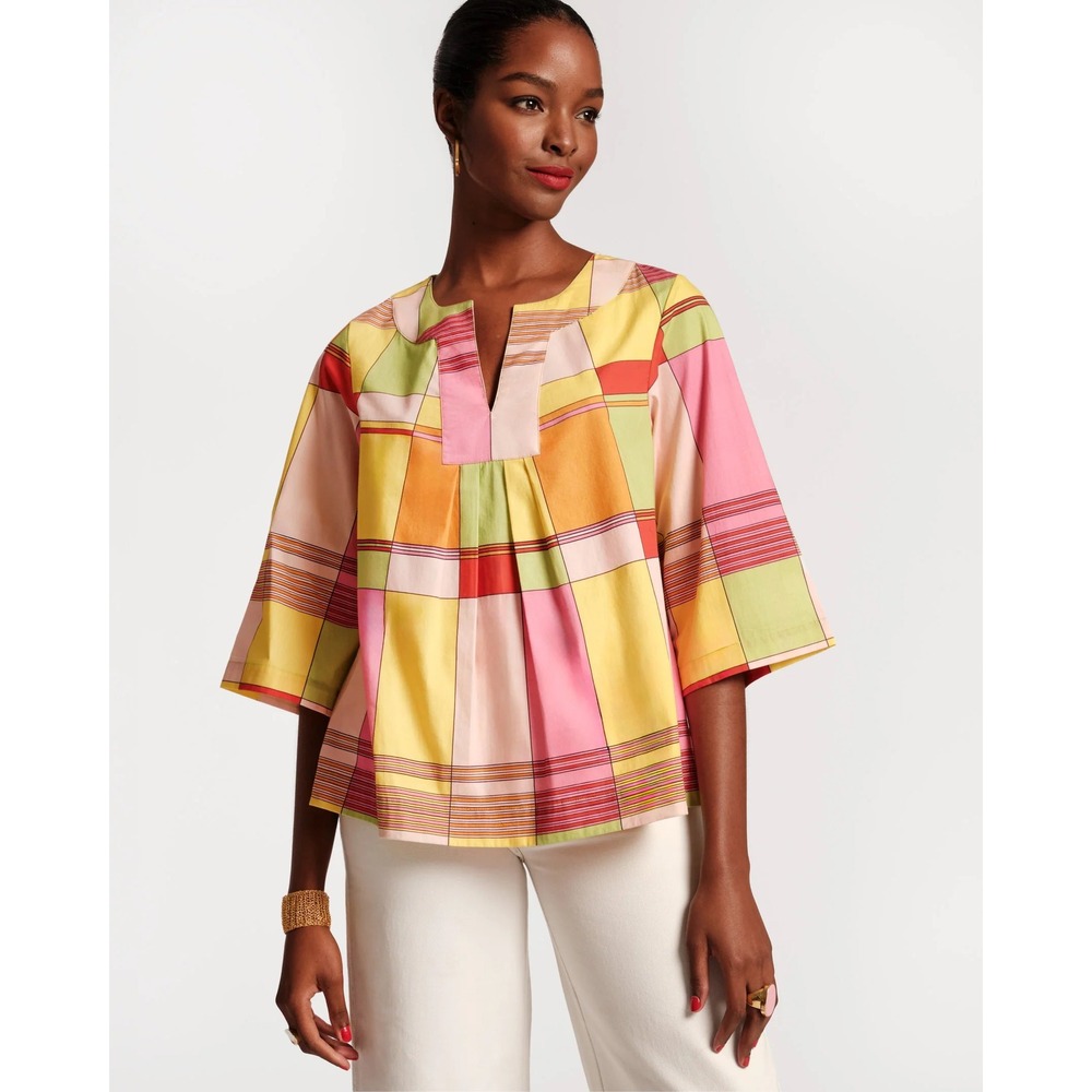 Frances Valentine Easy Top Swing Boxy Colorblock Plaid Cotton Med Artsy Dopamine